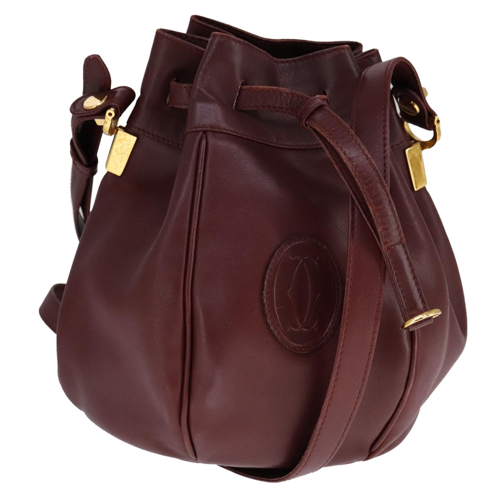 CARTIER Must Line Shoulder Bag Leather Bordeaux Gold Auth 111013